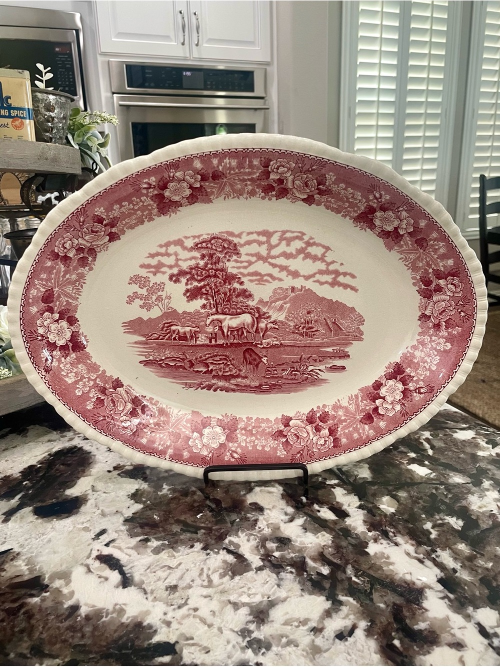 Adams Staffordshire “English Scenic” Red & Cream Oval Serving Platter - Vintage